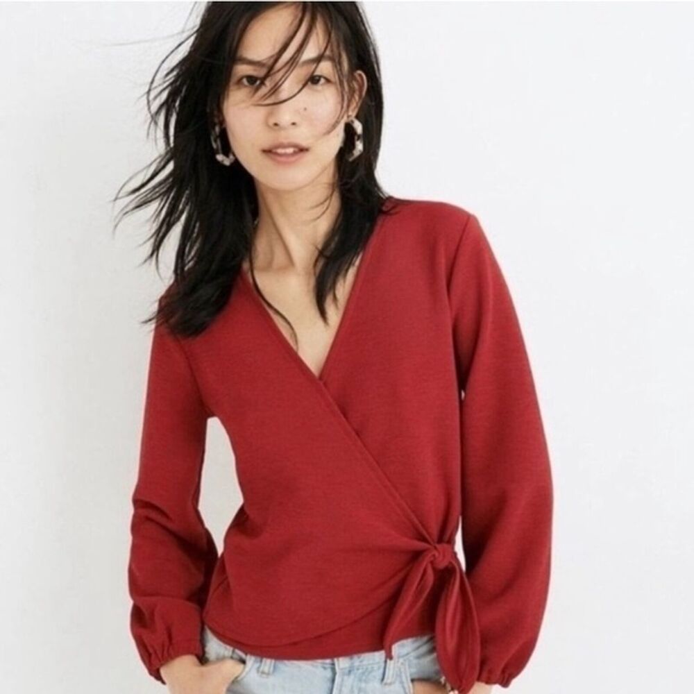 Madewell Texture + Thread Red Crepe Mock Wrap Top Blouse M